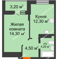 1 комнатная квартира 38,4 м² в ЖК Подкова на Цветочной, дом № 9 - планировка