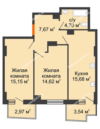2 комнатная квартира 59,38 м² в ЖК Город у реки, дом Литер 7