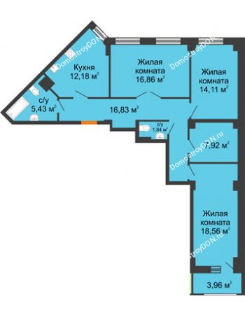 3 комнатная квартира 95,71 м² в ЖК Кристалл, дом Литер 1