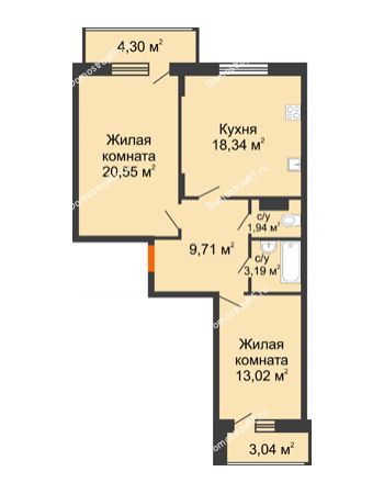 2 комнатная квартира 70,16 м² в ЖК Политехнический, дом 1,2 секция
