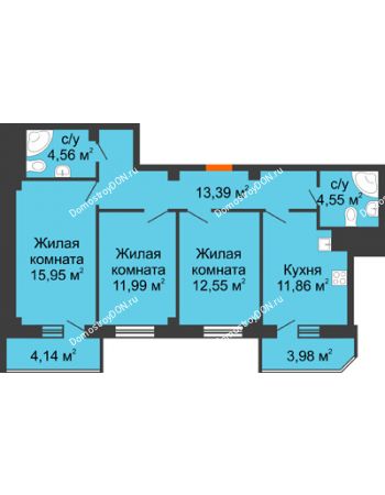 3 комнатная квартира 82,97 м² в ЖК Горизонт, дом № 2