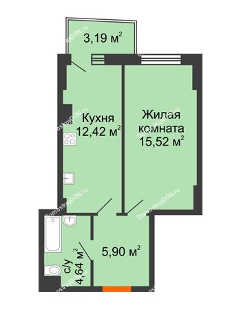 1 комнатная квартира 39,44 м² в ЖК Сердце Ростова 2, дом Литер 1