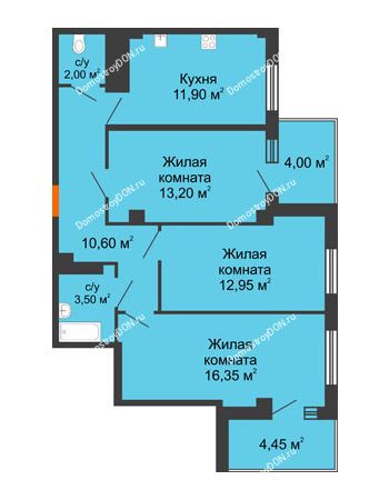 3 комнатная квартира 73,05 м² в ЖК Грин Парк, дом Литер 2