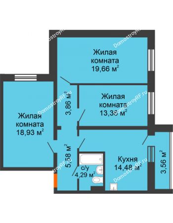 3 комнатная квартира 80,09 м² в ЖК Изумрудный, дом № 14