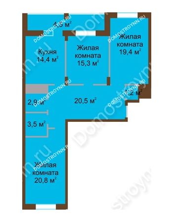 3 комнатная квартира 102,5 м² в ЖК Монолит, дом № 89, корп. 1, 2