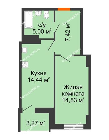 1 комнатная квартира 43,57 м² в ЖК Аврора, дом № 1