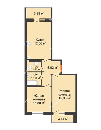 2 комнатная квартира 57,56 м² - ЖК Сограт