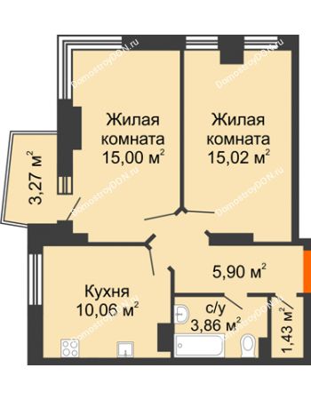 2 комнатная квартира 53,23 м² в ЖК Сердце Ростова 2, дом Литер 1