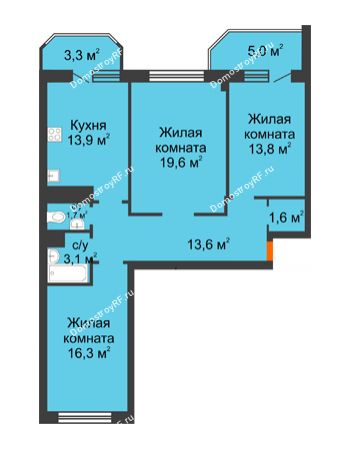 3 комнатная квартира 91,9 м² в ЖК Острова, дом 4 этап (второе пятно застройки)