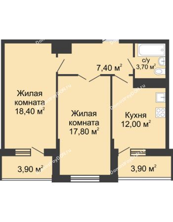 2 комнатная квартира 64,4 м² в ЖК Первый, дом Литер 1