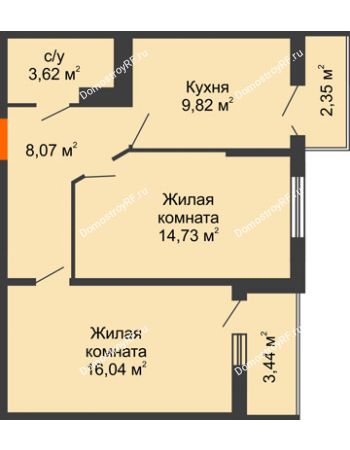 2 комнатная квартира 54,7 м² в ЖК Семейный парк, дом Литер 2