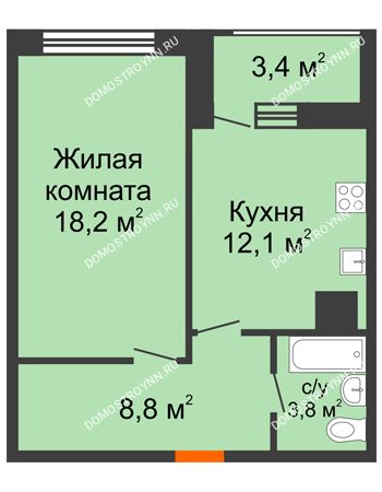 1 комнатная квартира 44,6 м² в ЖК Подкова на Родионова, дом № 2