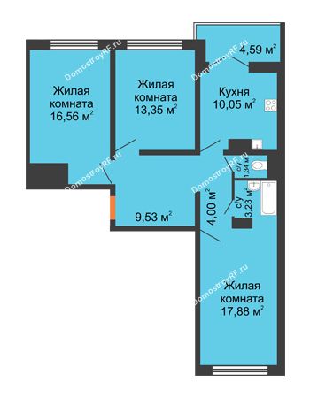 3 комнатная квартира 77,1 м² в ЖК Лазурный, дом позиция 50 (2-5 подъезд)