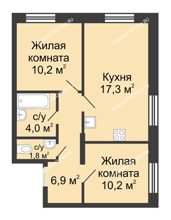 2 комнатная квартира 49 м² в ЖК Цветы, дом № 10