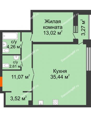 1 комнатная квартира 71,27 м² в ЖК Бунин, дом 1 этап, секции 11,12,13,14