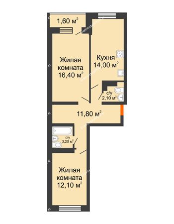 2 комнатная квартира 61,2 м² в ЖК SkyPark (Скайпарк), дом Литер 1, корпус 1, 2 этап