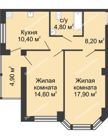 2 комнатная квартира 60,8 м² в ЖК Мега, дом № 118, секция 2