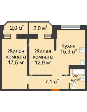 2 комнатная квартира 61,7 м² в ЖК Сказка Град, дом Литер 1