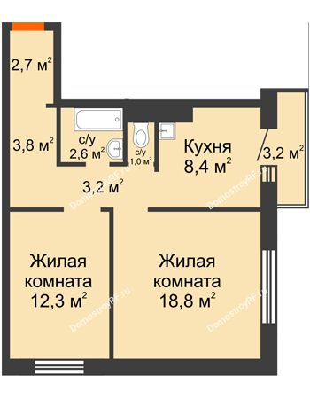 2 комнатная квартира 53,7 м² в ЖК Мичурино, дом № 3.2