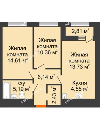 2 комнатная квартира 58,42 м² в ЖК Дом на Набережной, дом № 1