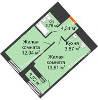 1 комнатная квартира 39,12 м² в ЖК Дом на Набережной, дом № 1 - планировка