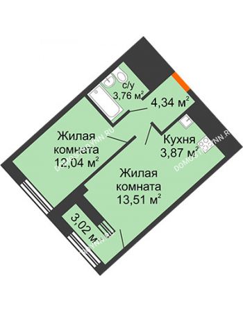 1 комнатная квартира 39,12 м² в ЖК Дом на Набережной, дом № 1