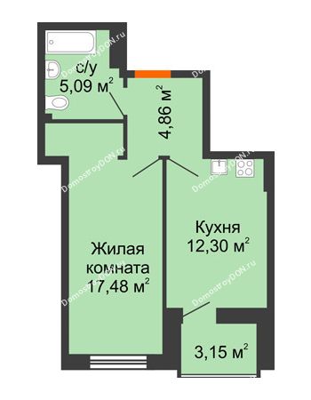 1 комнатная квартира 41,31 м² в ЖК Аврора, дом № 3