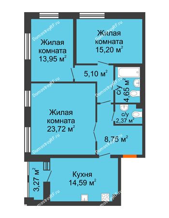 3 комнатная квартира 89,71 м² в ЖК Бунин, дом 1 этап, секции 11,12,13,14