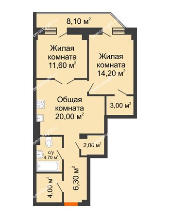 2 комнатная квартира 72,2 м² в ЖК Архиерейская роща, дом № 54б