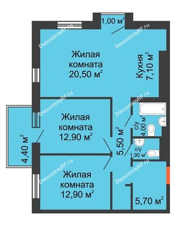 3 комнатная квартира 73,8 м² в ЖК Новый кленовый, дом № 1(1 этап)