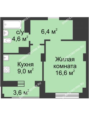 1 комнатная квартира 38,4 м² в ЖК Аквамарин, дом №2