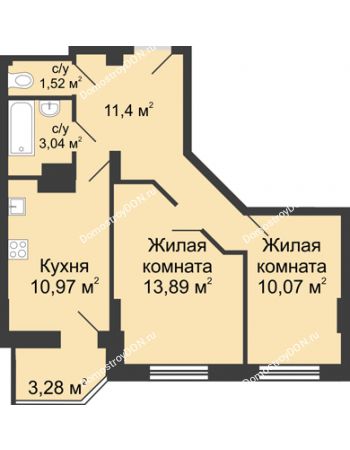 2 комнатная квартира 52,53 м² в ЖК Сердце Ростова, дом Этап II