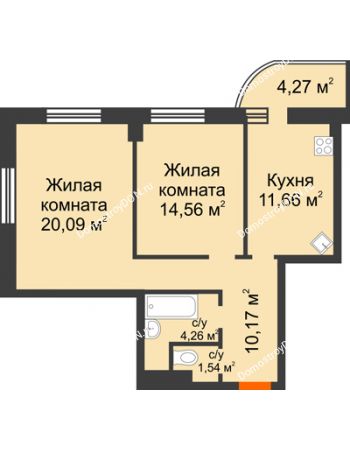 2 комнатная квартира 63,56 м² в ЖК Звезда, дом № 1