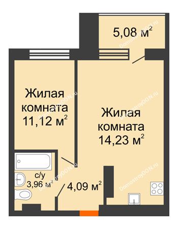 2 комнатная квартира 43,5 м² в ЖК Гвардейский 3.0, дом Секция 3