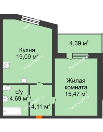 1 комнатная квартира 43,34 м² в ЖК На Мельникайте, дом ГП-17