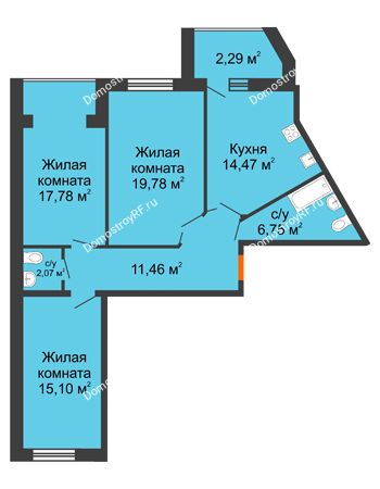 3 комнатная квартира 89,7 м² в ЖК Бунина парк, дом 3 этап, блок-секция 3 С