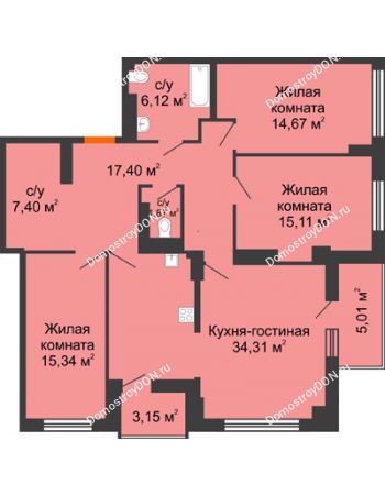 4 комнатная квартира 116,31 м² в ЖК Аврора, дом № 3