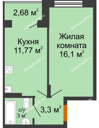 1 комнатная квартира 35,57 м² в ЖК Мандарин, дом 2 позиция 5-8 секция