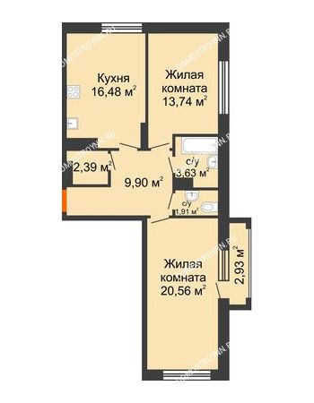 2 комнатная квартира 69,49 м² в ЖК Маленькая страна, дом № 4