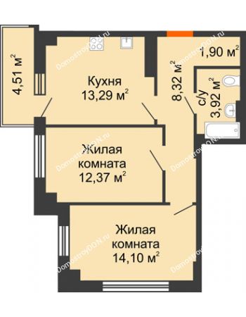 2 комнатная квартира 55,51 м² в ЖК Аврора, дом № 1