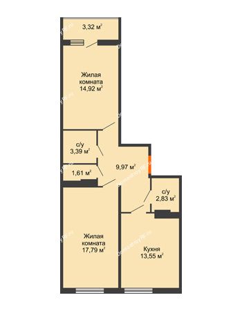2 комнатная квартира 59,3 м² в ЖК Семейный парк, дом Литер 2