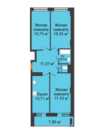 3 комнатная квартира 83,79 м² в ЖК Встреча, дом № 1