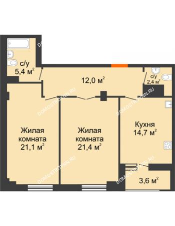 2 комнатная квартира 78,8 м² в ЖК Квартет, дом № 3