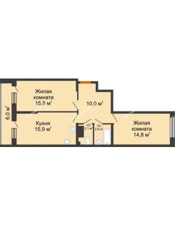 2 комнатная квартира 64,1 м² в ЖК Самолет, дом 4 очередь - Литер 22