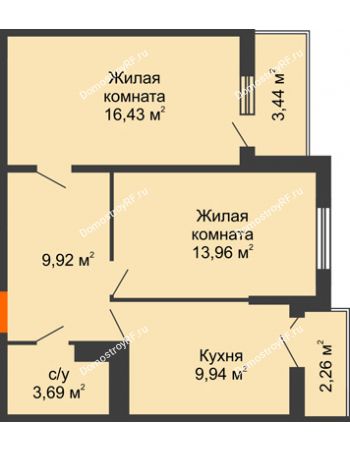 2 комнатная квартира 56,79 м² в ЖК Семейный парк, дом Литер 2