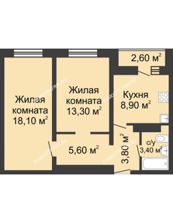 2 комнатная квартира 54,4 м² в ЖК Корабли, дом № 11