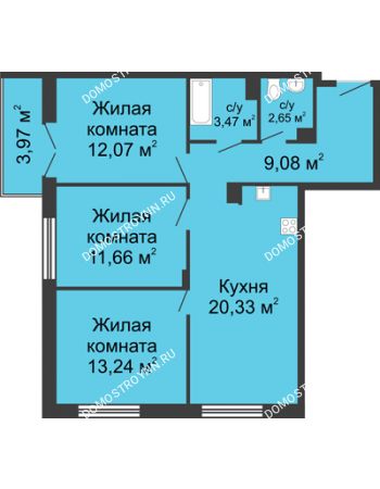 3 комнатная квартира 73,69 м² в ЖК Клевер, дом № 2