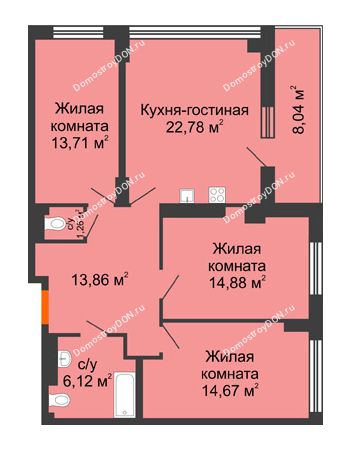 4 комнатная квартира 91,28 м² в ЖК Аврора, дом № 3