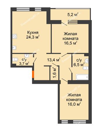 2 комнатная квартира 87,7 м² в ЖК Квартал Перемен	, дом ГП-1