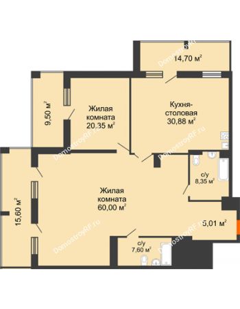 2 комнатная квартира 155,03 м² в ЖК Кристалл, дом Корпус 1